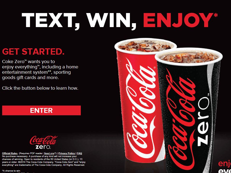 Coke Zero Enjoy Everything Text to Win Sweepstakes