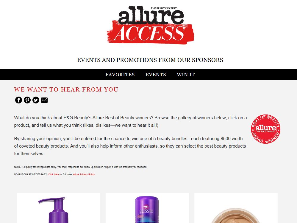 Allure Beauty Enthusiasts Allure.com Rate & Review Survey Sweepstakes
