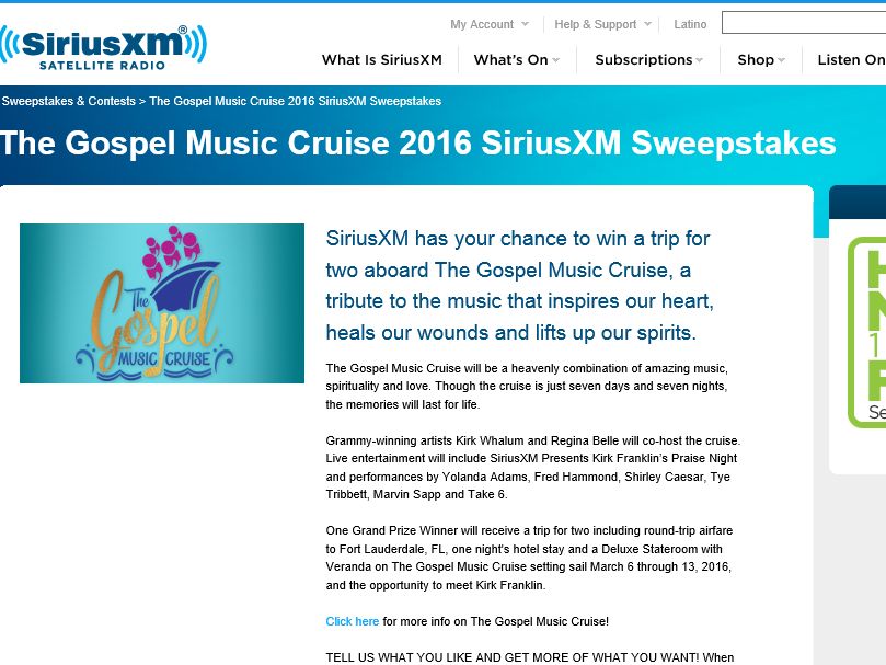 The SiriusXM Gospel Music Cruise 2016 Sweepstakes
