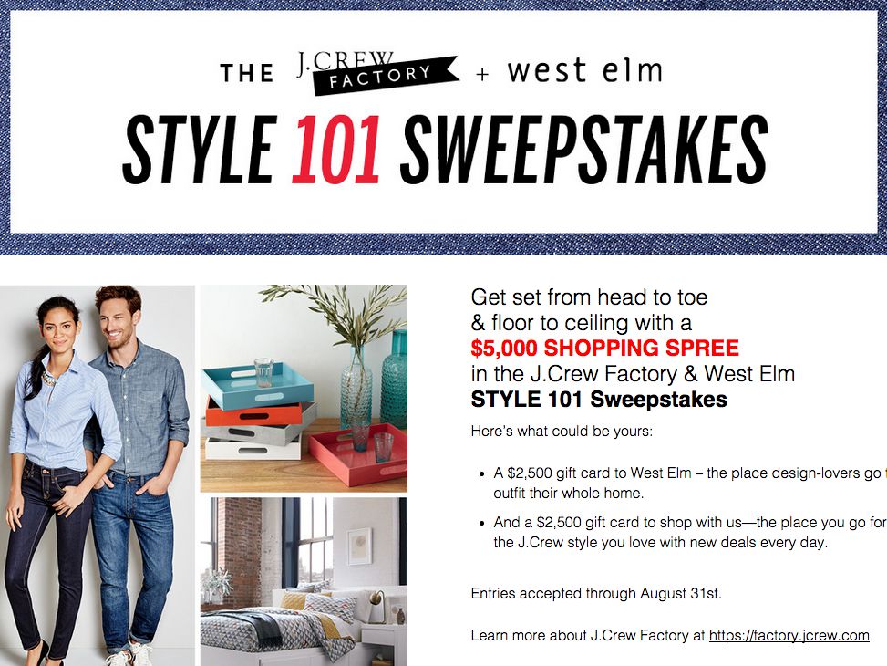 j.crew factory & west elm style 101 sweepstakes j.crew factory & west