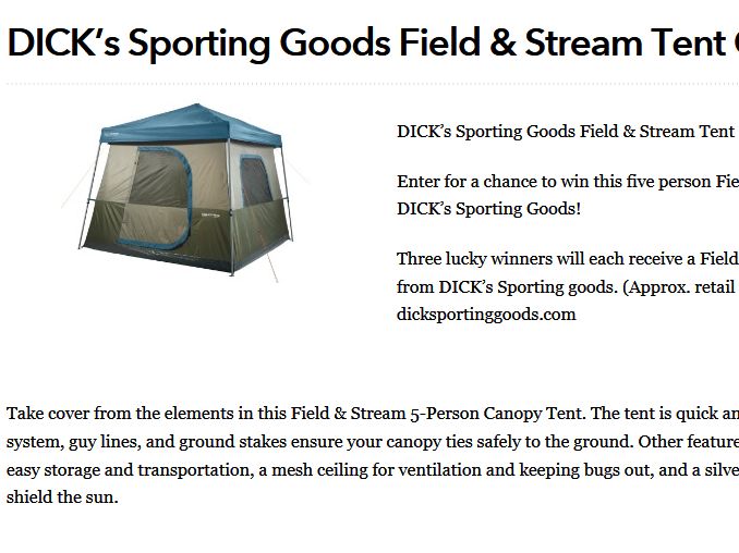 Woman's Day DICK’s Sporting Goods Field & Stream Tent Giveaway Sweepstakes